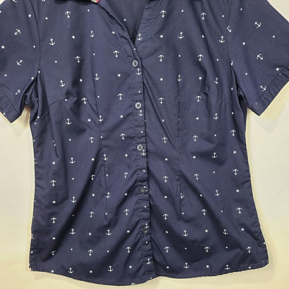 Basic Edition Blue Women's Button Down Anchor Top - image 7